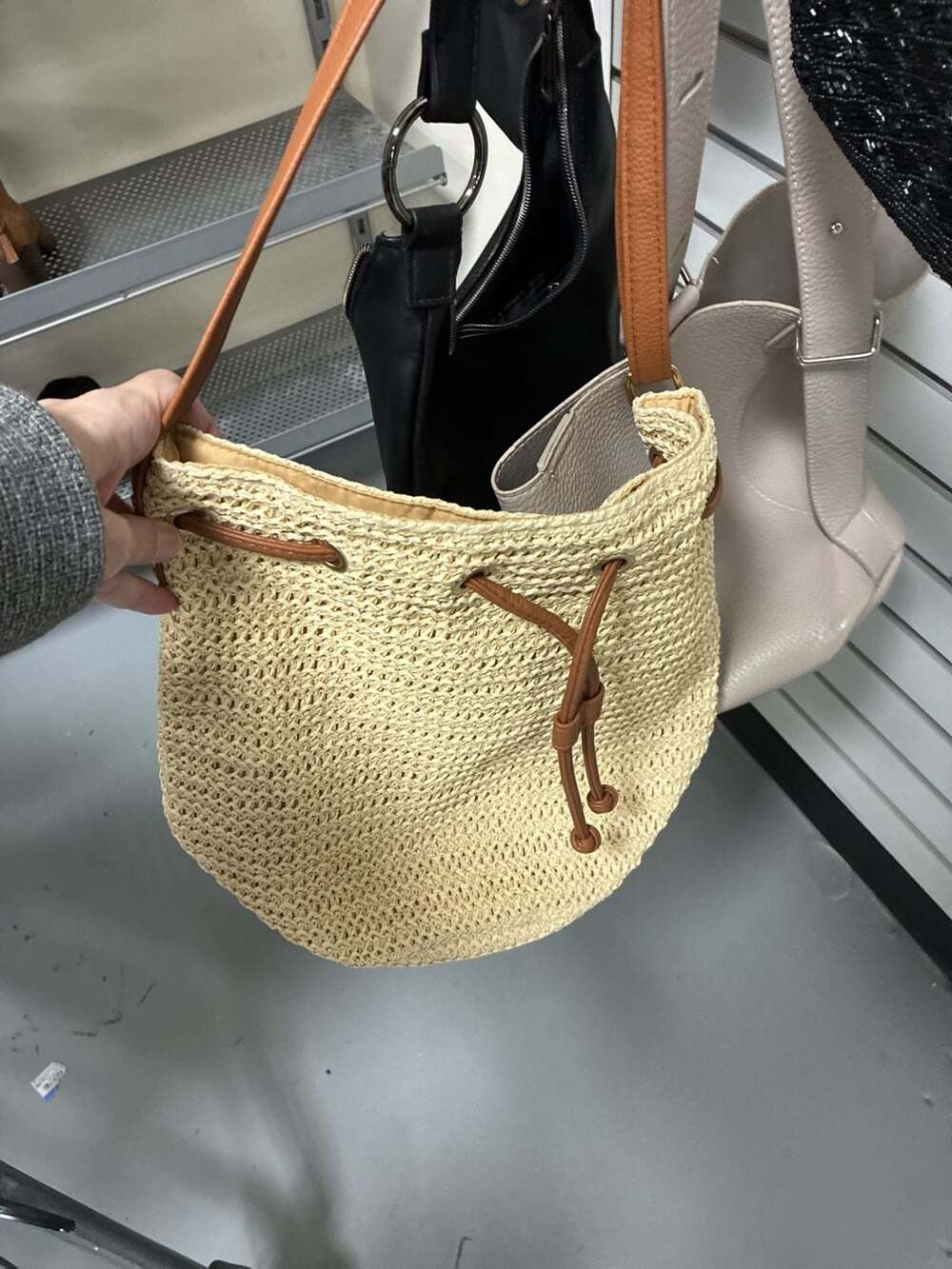 Montce Straw Bucket Bag Tan Leather Drawstring Crossbody Purse